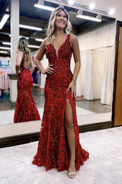 Royal Blue Sequin Mermaid V Neck Long Prom Dress with Slit, PD25490
