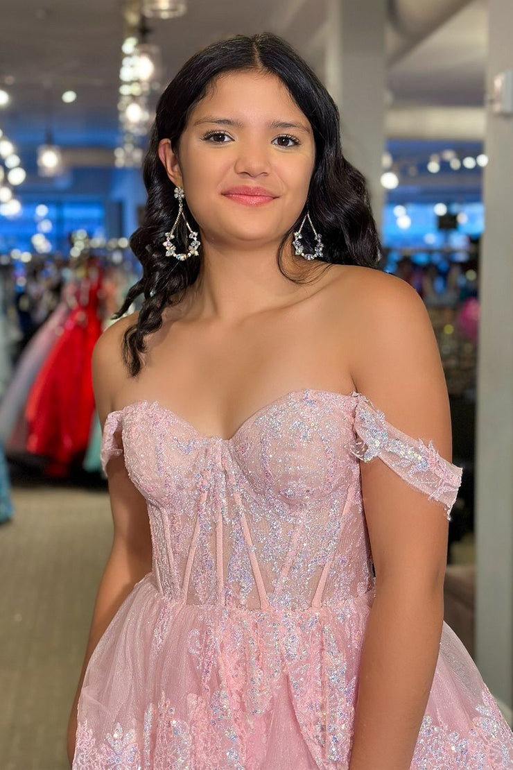 Pink Off the Shoulder Tiered Tulle Lace Long Prom Dress with Slit, PD25789