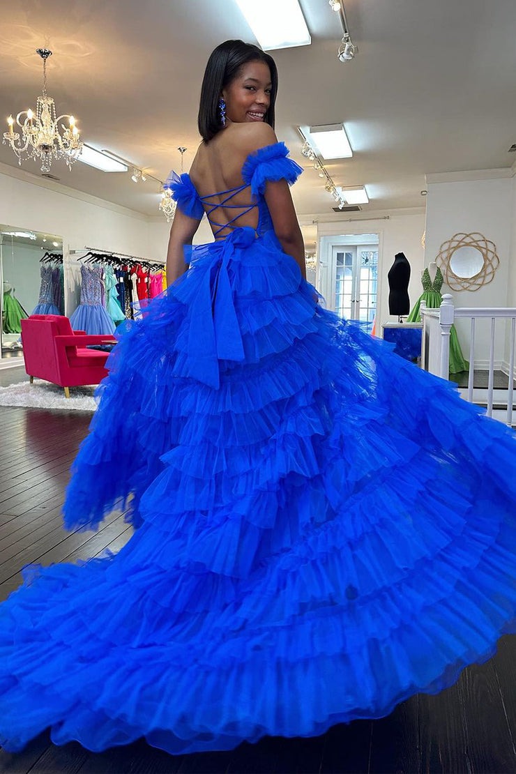 Royal Blue Tulle Off the Shoulder Ruffle Tiered Long Prom Dresses, PD25479
