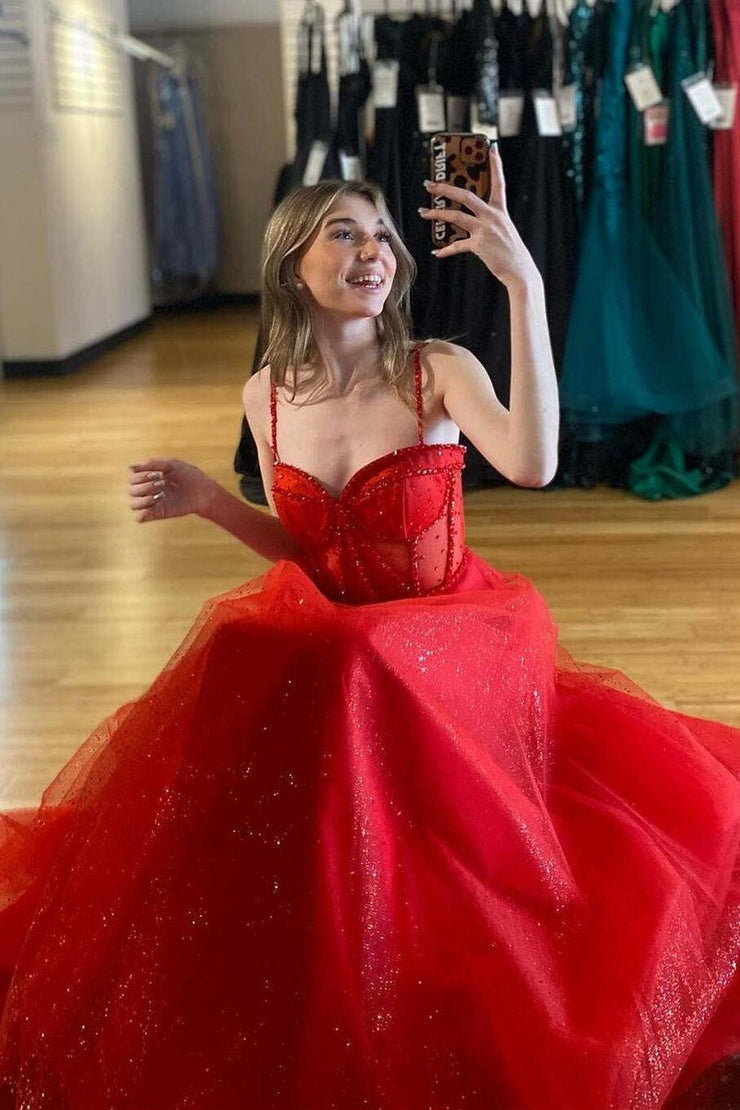 Red Glitter Straps Beaded A - Line Formal Dress with Slit, PD25677