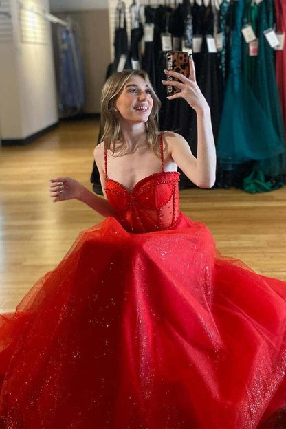 Red Glitter Straps Beaded A - Line Formal Dress with Slit, PD25677