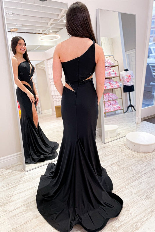 Black One Shoulder Cut - Out Satin Mermaid Long Prom Dress with Slit, PD25669