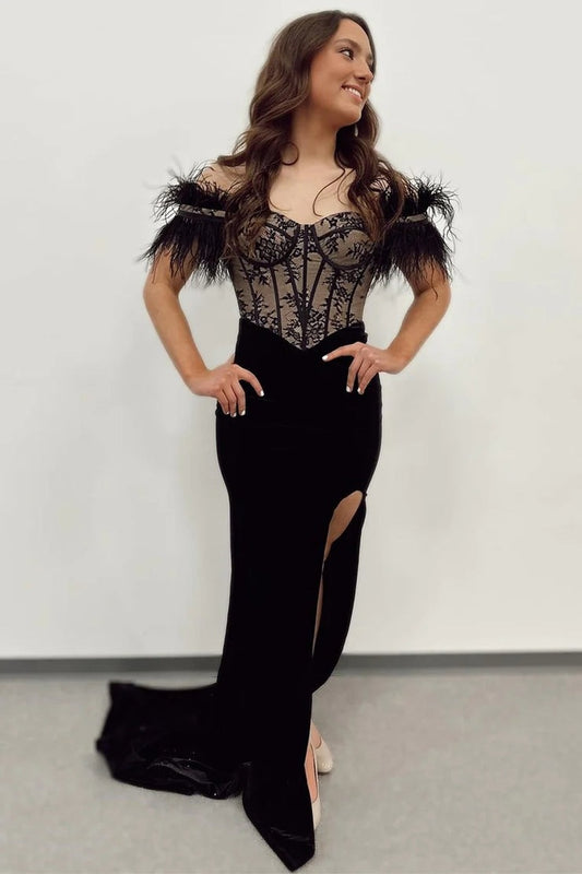 Black Off - the - Shoulder Velvet Lace Long Formal Dress with Slit, PD25660