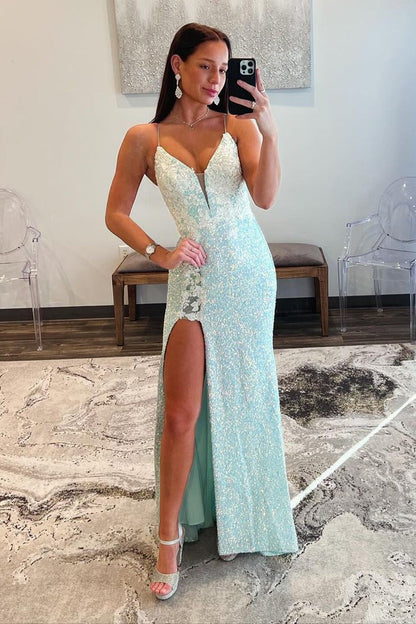 Sequins Mermaid V Neck Long Prom Dress with Appliques, PD25362