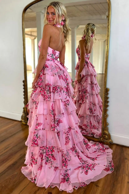 Halter Mermaid Tiered Chiffon Floral Printed Prom Dress with Keyhole, PD25751