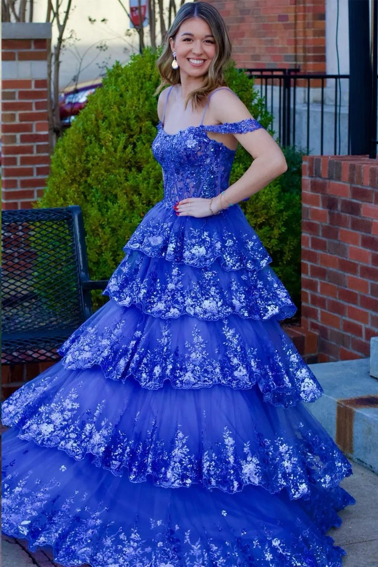 Tulle Sequin Ruffle Cold - Shoulder Tiered Long Prom Dress, PD25651