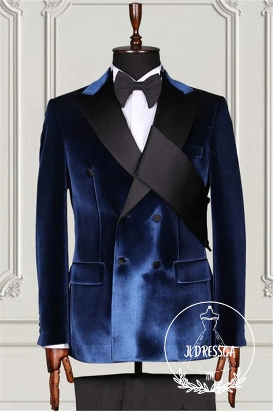 Velvet Blue Double Breasted Peaked Lapel Men Suits, SU25073