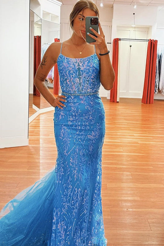 Light Blue Mermaid Scoop Neck Sequins Lace Long Prom Dresses, PD25522
