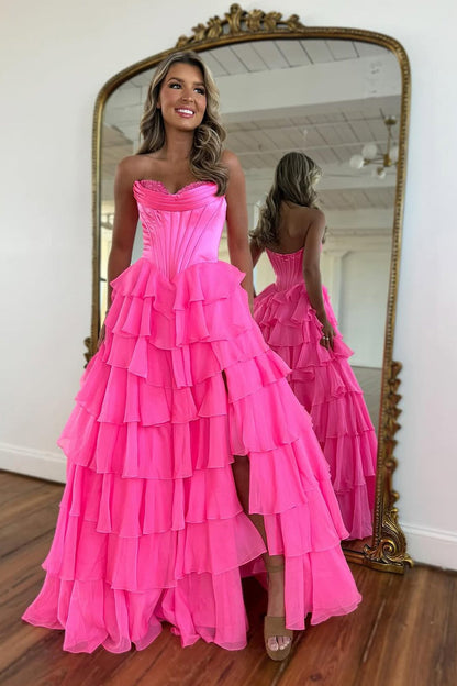 Lilac Strapless A - Line Ruffle Tiered Long Prom Dress with Slit, PD25811