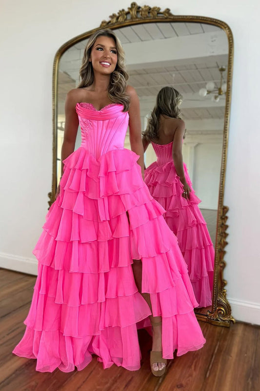 Lilac Strapless A - Line Ruffle Tiered Long Prom Dress with Slit, PD25811