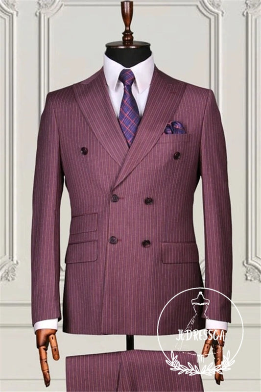Brick Red Double Breasted Striped Men Suits For Business, SU25133
