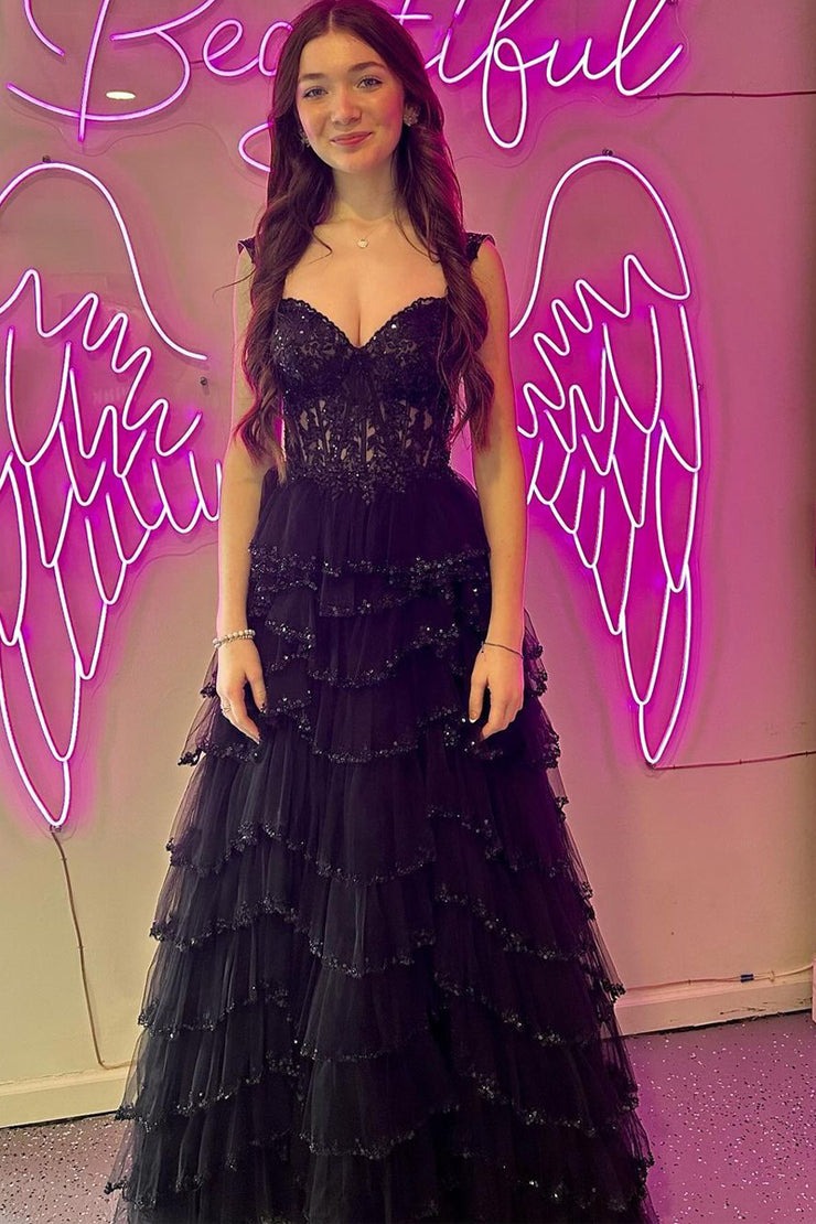 Black Sweetheart A - Line Long Tulle Prom Dress with Appliques, PD25561