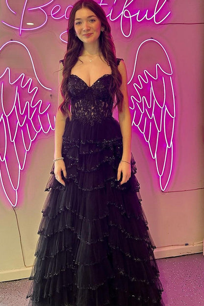 Black Sweetheart A - Line Long Tulle Prom Dress with Appliques, PD25561