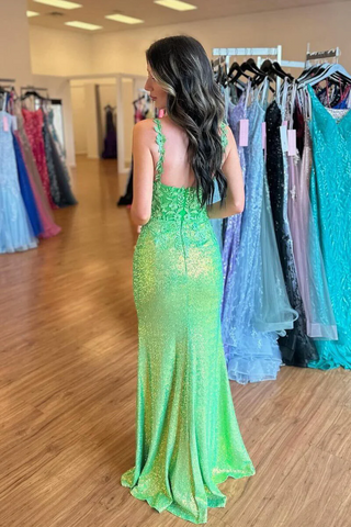 Green Sequin Mermaid V-Neck Long Prom Dress with Appliques, PD2404165