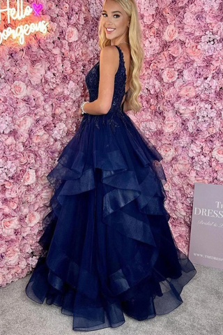 Navy Blue Tiered Tulle V-Neck A-Line Long Prom Dress with Appliques, PD2404166