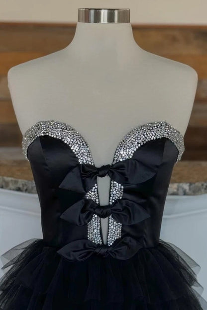 Black Strapless Ruffle Bow Long Prom Dress with Slit, PD25681