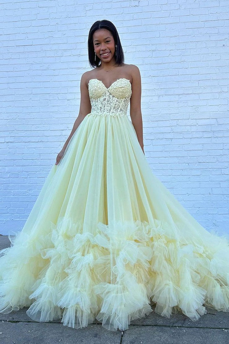 Yellow A - Line Sweetheart Ruffle Tulle Long Prom Dresses, PD25532