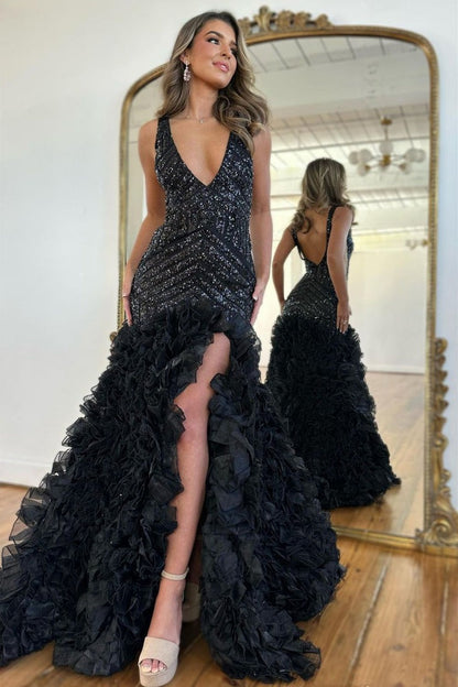 Black Sequins Mermaid V Neck Long Prom Dresses, PD25462