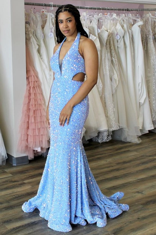 Blue Halter Iridescent Sequin Trumpet Long Prom Dress, PD25701