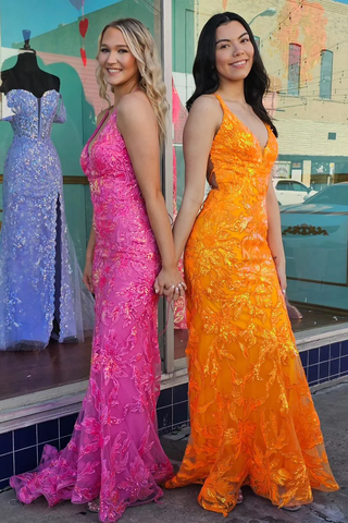 Orange Sequin Lace V-Neck Mermaid Long Prom Dress, PD2404167