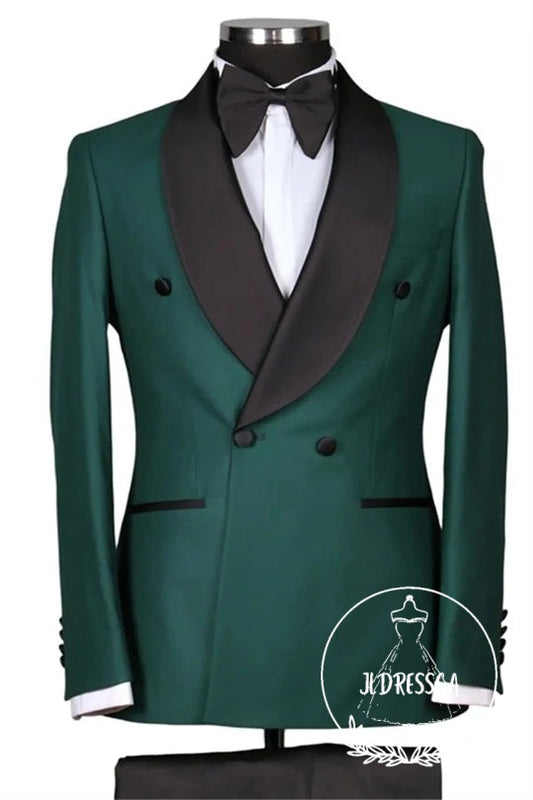 Green Shawl Lapel Double Breasted Wedding Men Suits, SU25153