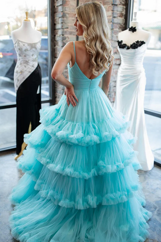 Charming Tiered Tulle A-Line V-Neck Long Prom Dress with Ruffles, PD2404163