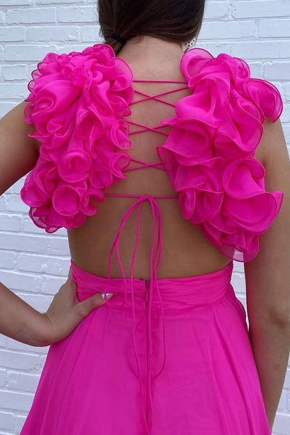 Fuchsia A Line V Neck Long Prom Dress with 3D Flowers, PD25671