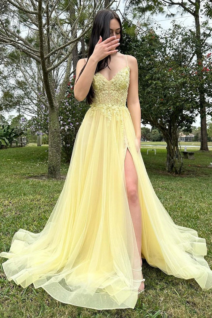 Yellow Tulle A-Line V Neck Long Prom Dresses with Appliques, PD25472