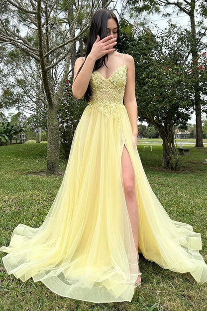 Yellow Tulle A-Line V Neck Long Prom Dresses with Appliques, PD25472