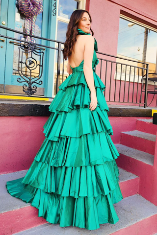 Green Satin A-Line Halter Long Prom Dress with Ruffles, PD2404164