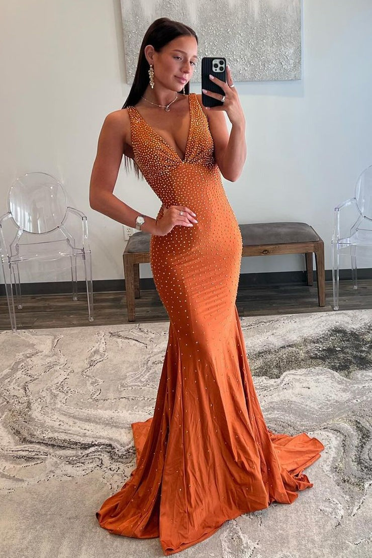 Orange Mermaid V Neck Beaded Long Prom Dresses, PD25581