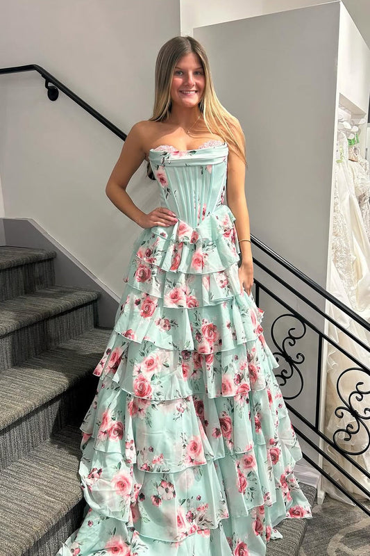 A Line Strapless Sweetheart Floral Tiered Chiffon Long Prom Dress, PD25792