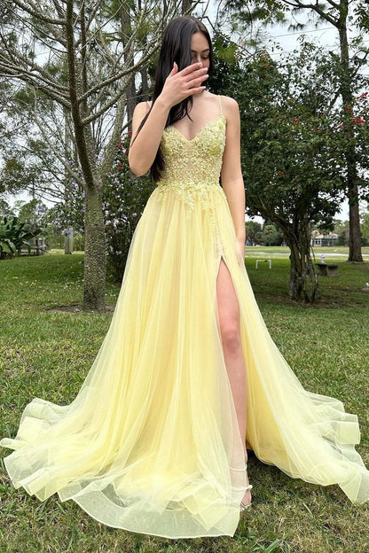 Yellow Tulle A-Line V Neck Long Prom Dresses with Appliques, PD25472