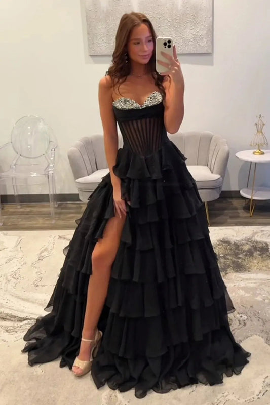 Black A - Line Corset Tiered Ruffle Long Prom Dress with Beadings, PD25802