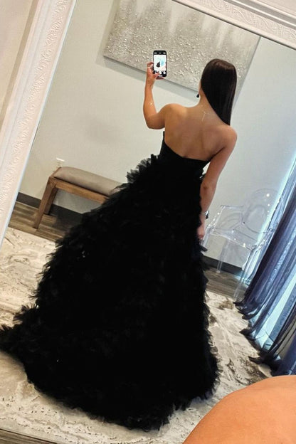 Black Tulle Tiered Ruffle Sweetheart Long Prom Dress with Slit, PD25371