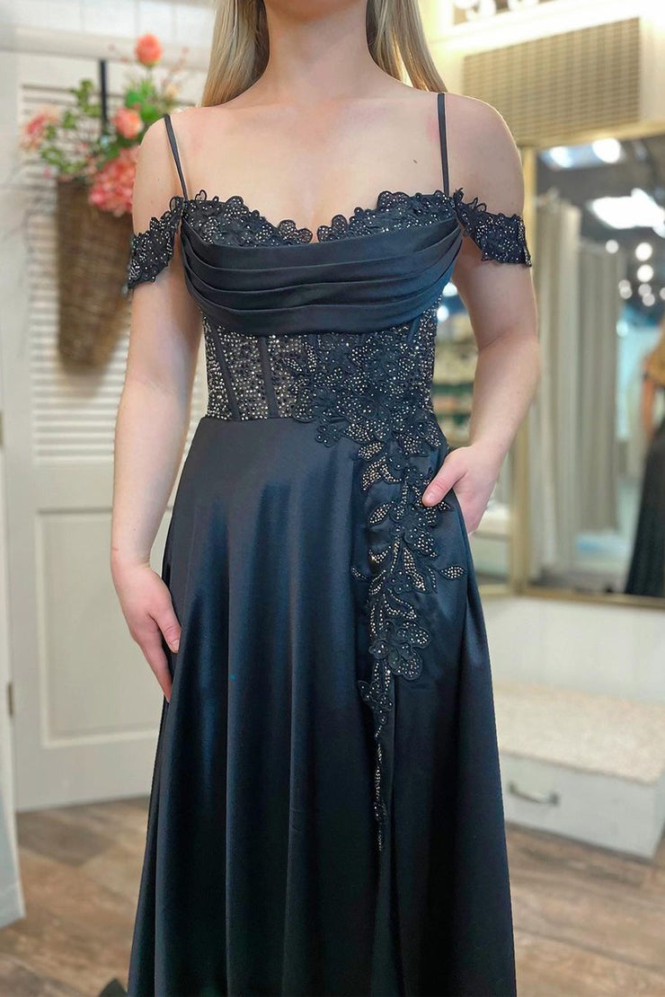 Black Satin Cold Shoulder Long Prom Dresses with Pockets, PD25511