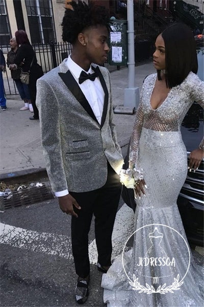Glitter Silver Sequins Men Suits Peaked Lapel Two Piece Prom Outfits, SU25004