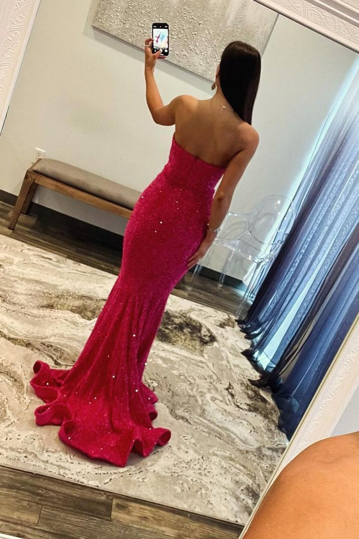 Fuchsia Sequins Strapless Mermaid Cute Long Prom Dress, PD25417