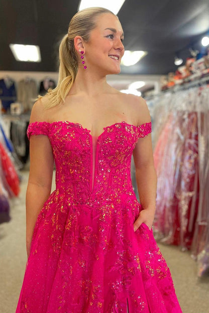 Fuchsia Tulle Off the Shoulder Long Prom Dresses with Appliques, PD25501