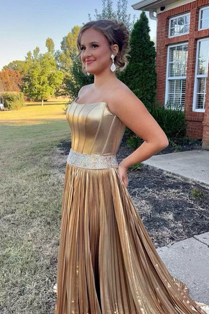 Strapless A Line Gold Satin Long Prom Dresses with Beading, PD25050