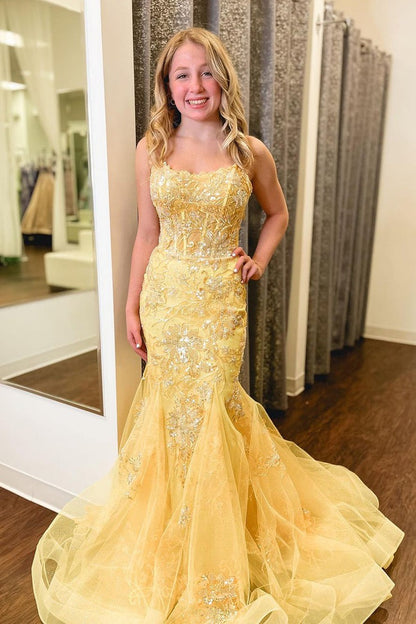 Yellow Sequins Scoop Neck Appliques Mermaid Long Prom Dress, PD25232