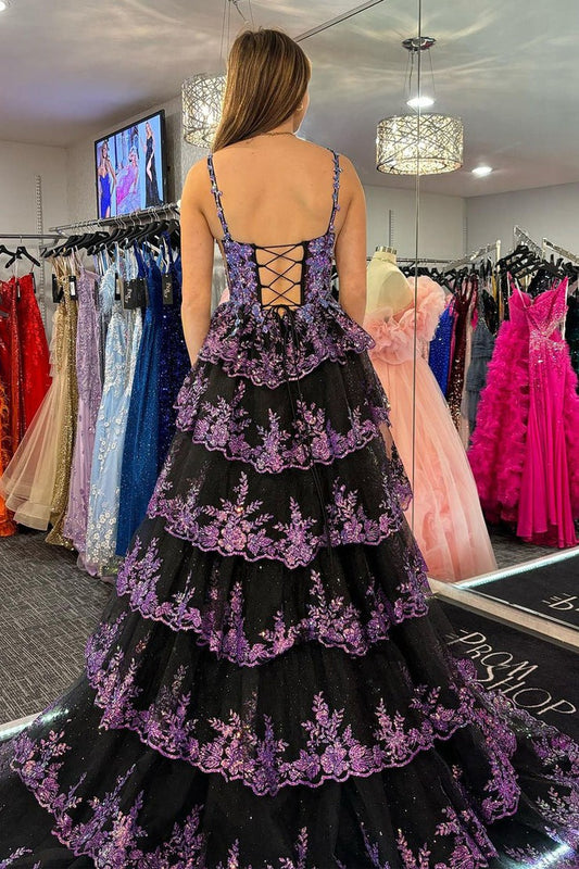 Black Sequins Lace Ruffle Tiered Long Prom Dress, PD25296