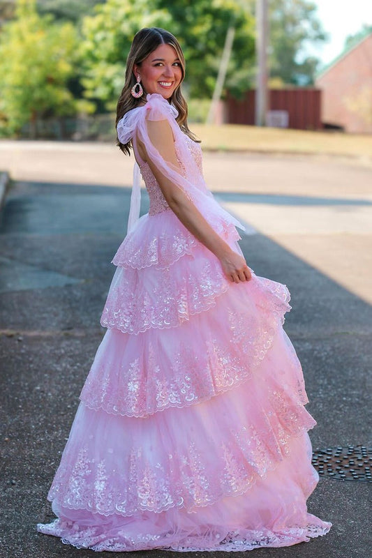 V Neck A Line Pink Tulle Prom Dresses with Appliques, PD25036