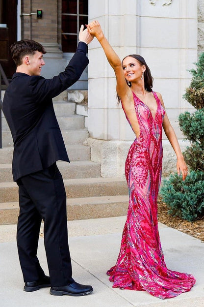Fuchsia V Neck Sequins Lace Mermaid Long Prom Dress, PD25203