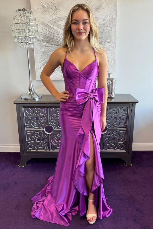 V Neck Mermaid Purple Satin Long Prom Dresses with Bow, PD25056