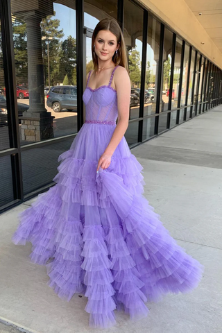 Lilac Sweetheart Ruffle Tulle A-Line Long Prom Dresses, PD2404243