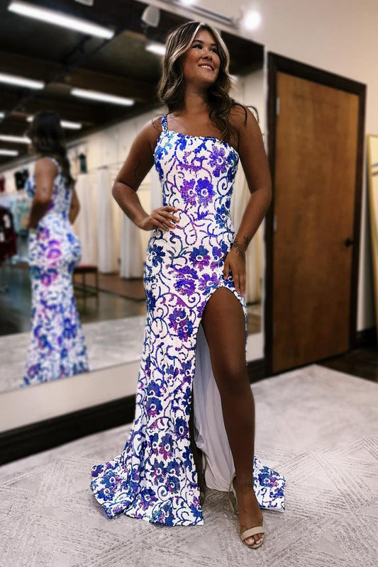 Purple White Sequins One Shoulder Mermaid Long Prom Dress with Slit, PD25241