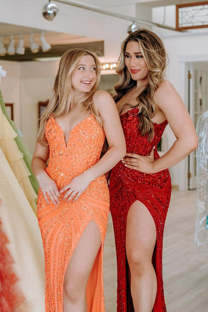 Strapless Mermaid Sequin Long Prom Dresses with Slit, PD25166