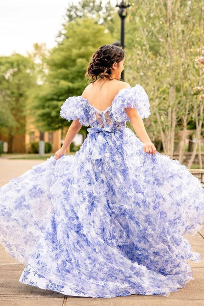 Off the Shoulder Blue Ruffle Tiered Floral Printed Prom Dress, PD25157