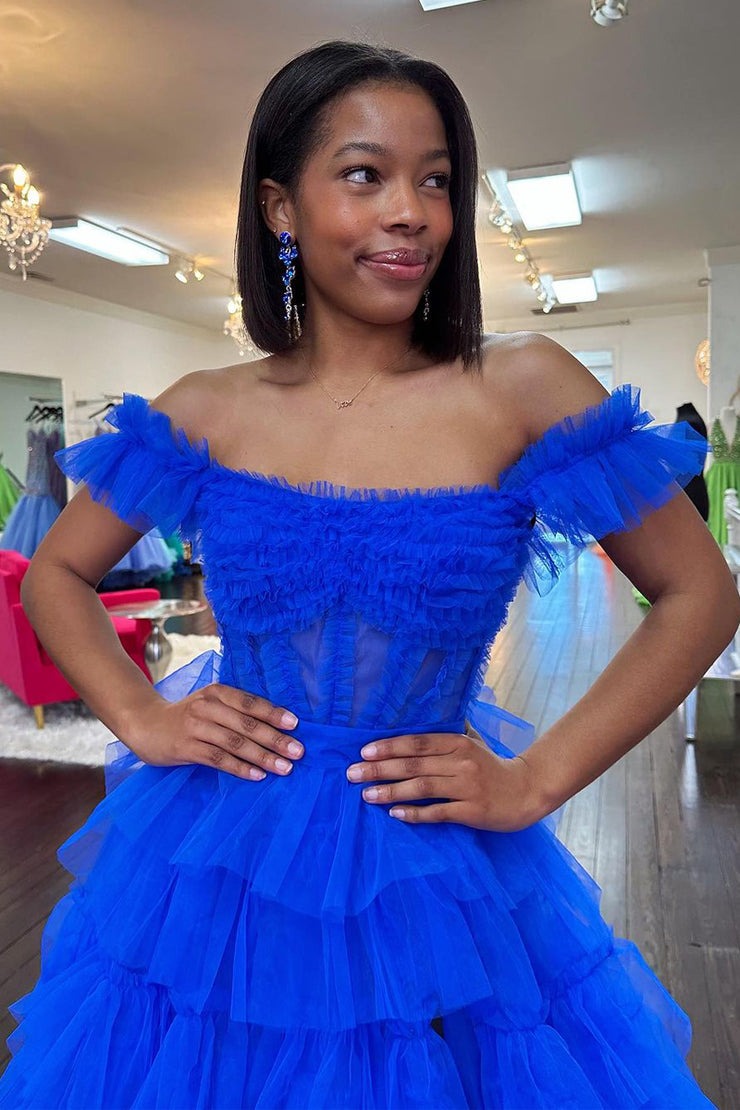 Royal Blue Tulle Off the Shoulder Ruffle Tiered Long Prom Dresses, PD25479